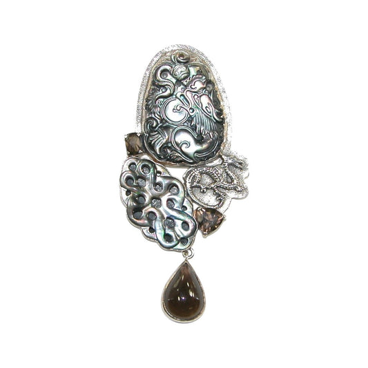 18757 Carved Mother of Pearl, Topaz Sterling Silver Pin and Pendant