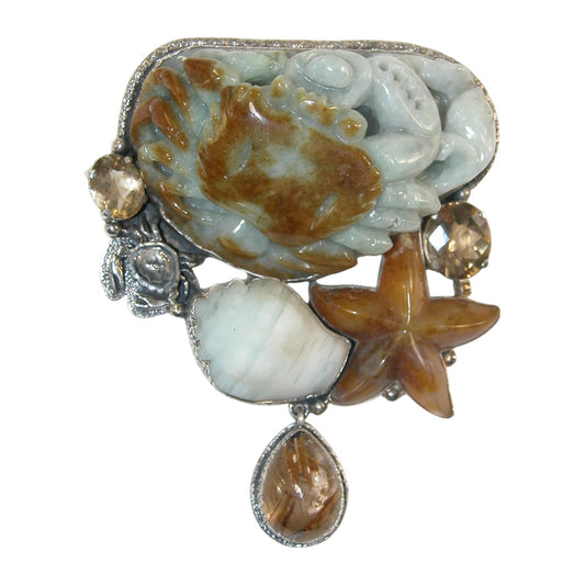 18758 Carved Jade Crab, Topaz, Rutilated Quartz Sterling Silver Pin and Pendant
