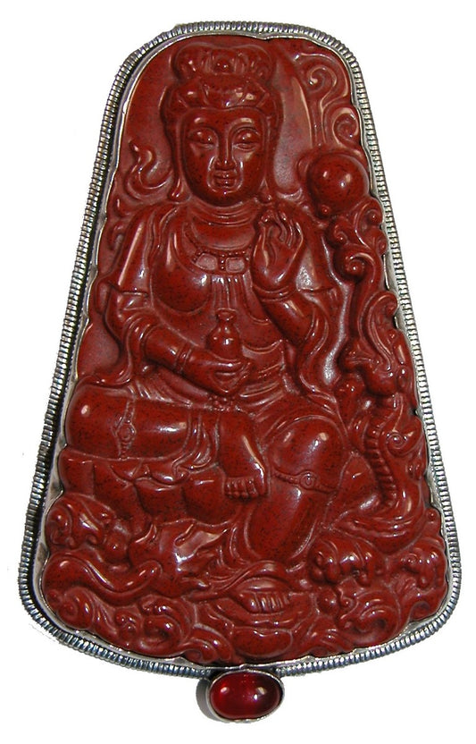 Carved Red Jasper Buddha Carnelian Sterling Silver Pin Pendant