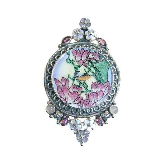 18867 Hand Made Gemstone Mosaic, Mother of Pearl, Quartz, Sterling Silver Pin and Pendant 18867