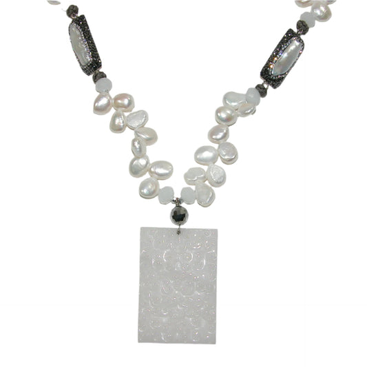 18973A Freshwater Pearl, White Jade Extra Long Sterling Silver Necklace