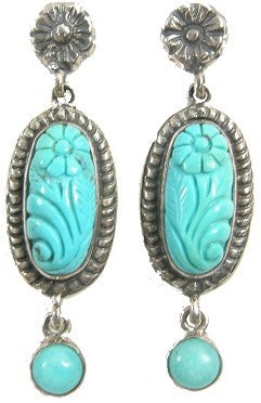 Carved Turquoise Flower Sterling Silver Earring