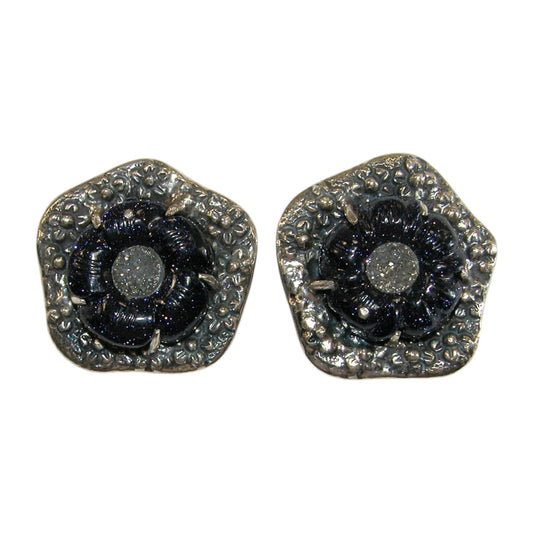 19002 Platinum Clad Drusy, Blue Carved Stone Sterling Silver Earrings