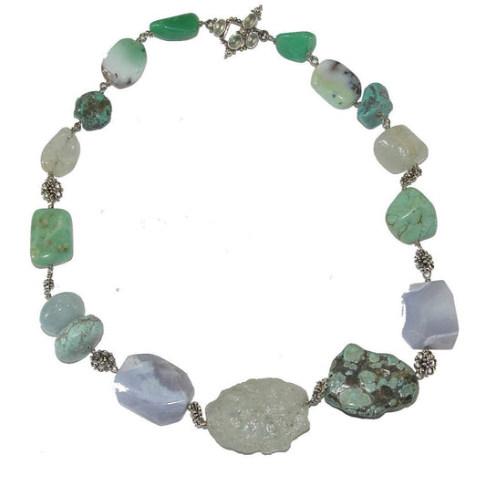 Morganite, Blue Lace Agate, Chrysoprase, Turquoise, Aquamarine Sterling Silver Necklace