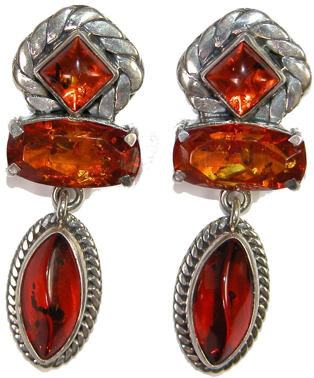Baltic Amber Three Stone Sterling Silver Earrings