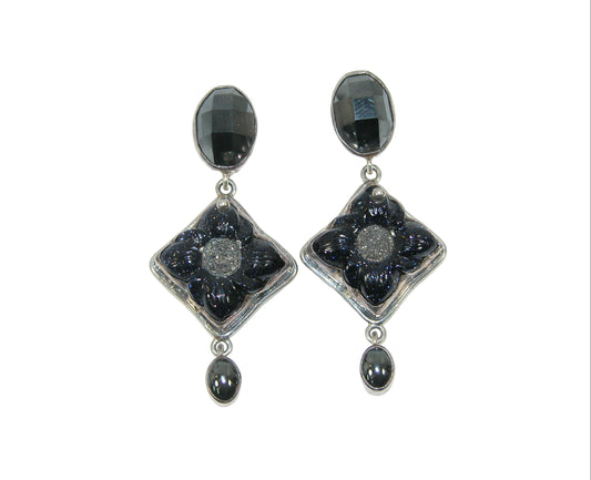 19064 Carved Flower, Druzy Agate, Hematite Sterling Silver Earrings
