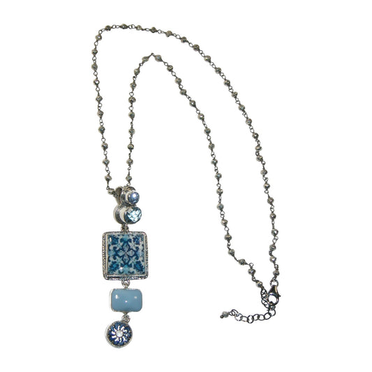19065 Hand Made Tile Enamel Lapis, Peruvian Opal, Drusy, Topaz Sterling Silver Pendant Necklace