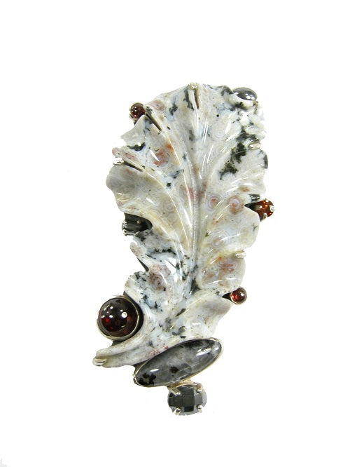 Carved Agate Leaf Garnet Sterling Silver Pin Pendant