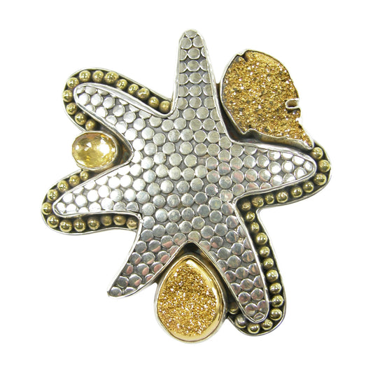 Gold Clad Druzy Starfish Sterling Silver Pin Pendant