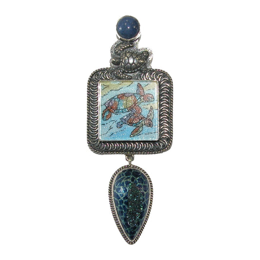 19164 Turtle Mosaic, Sodalite, Enamel Over Brazilian Agate Druzy Sterling Silver Pin Pendant