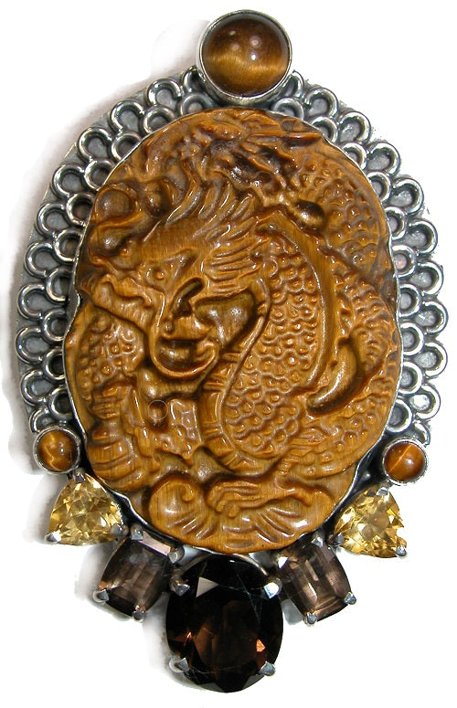 Carved Tiger's Eye Citrine Smoky Quartz Whisky Quartz Sterling Silver