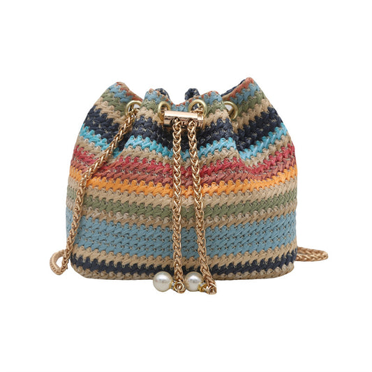 Woven Multi Color Handbag With Chain Drawstring GF4409