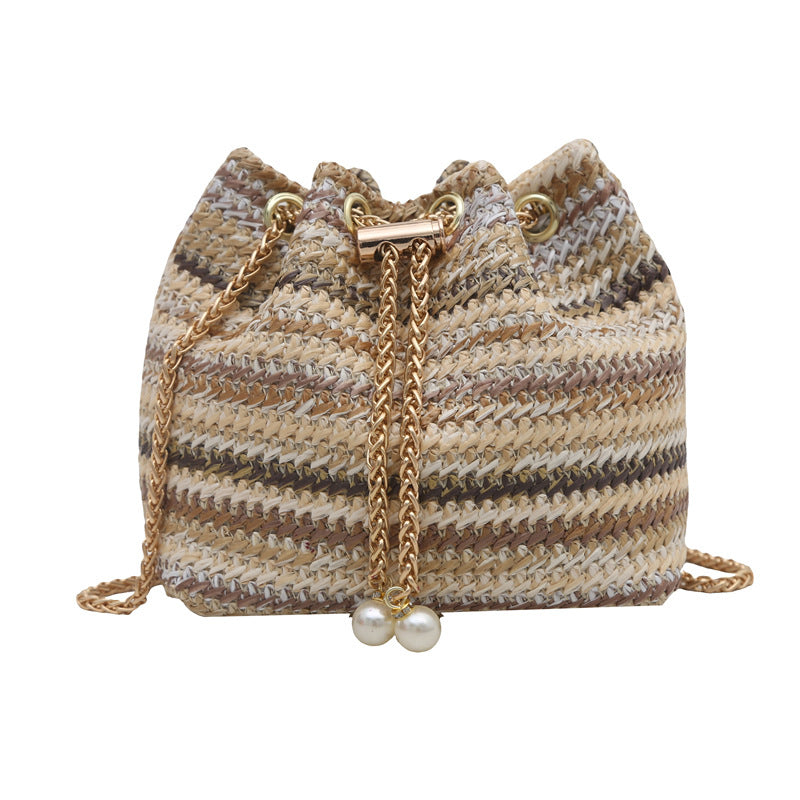 Woven Beige Color Handbag With Chain Drawstring GF4411