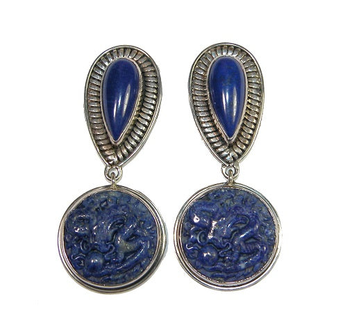 Carved Lapis Dragon Sterling Silver Earrings