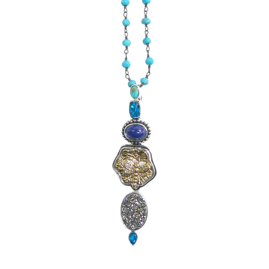 Lapis, Drusy, Turquoise Beaded Sterling Silver Necklace