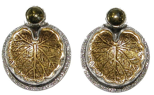 19318 Calico Pyrite Brass Geranium Leaf Sterling Silver Earrings