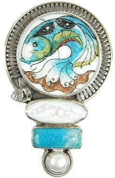 Gemstone Mosaic Mother of Pearl Sterling Silver Pin Pendant