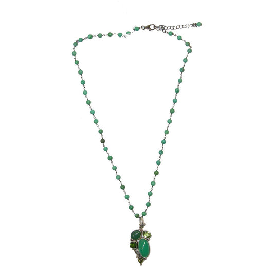 19366 Turquoise, Chrysoprase, Peridot, Chrome Diopside Cluster Sterling Silver Necklace