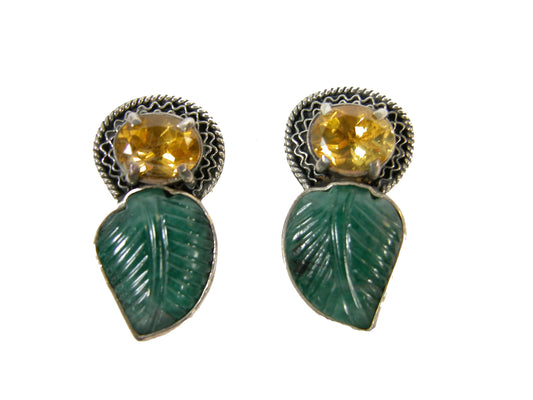 Citrine, Emerald Carved Leaf Sterling Silver Earrings