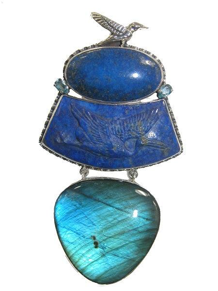 Hand Carved Crane Lapis Blue Labradorite Blue Topaz Sterling Silver Pin Pendant