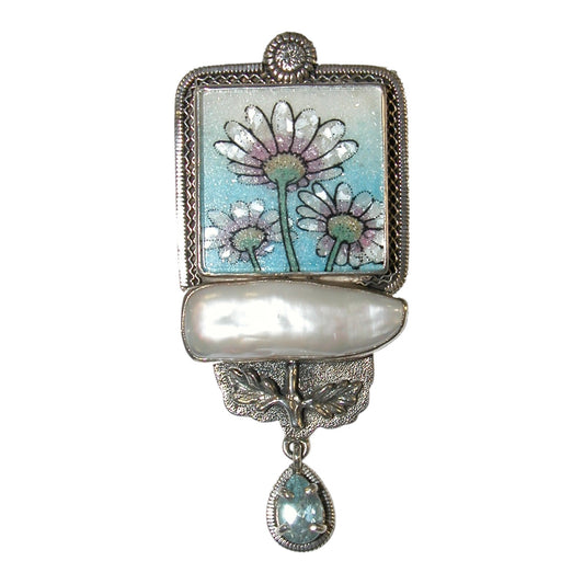 19410 Handmade Semi-Precious Flower Stone Mosaic Pin Pendant
