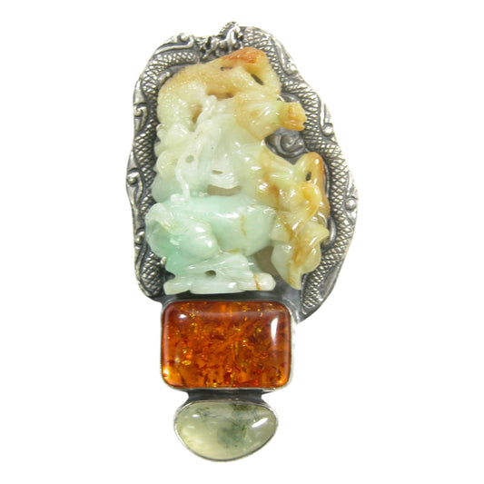 Carved Jade Horse, Amber, Prehnite Sterling Silver Pin and Pendant