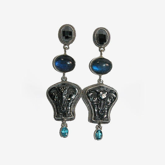 19626 Labradorite Elephant Blue Topaz Sterling Silver Earrings