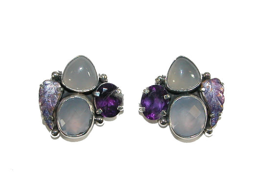 19657 Purple Amethyst, Chalcedony, Enamaled Sterling Silver Cluster Earrings