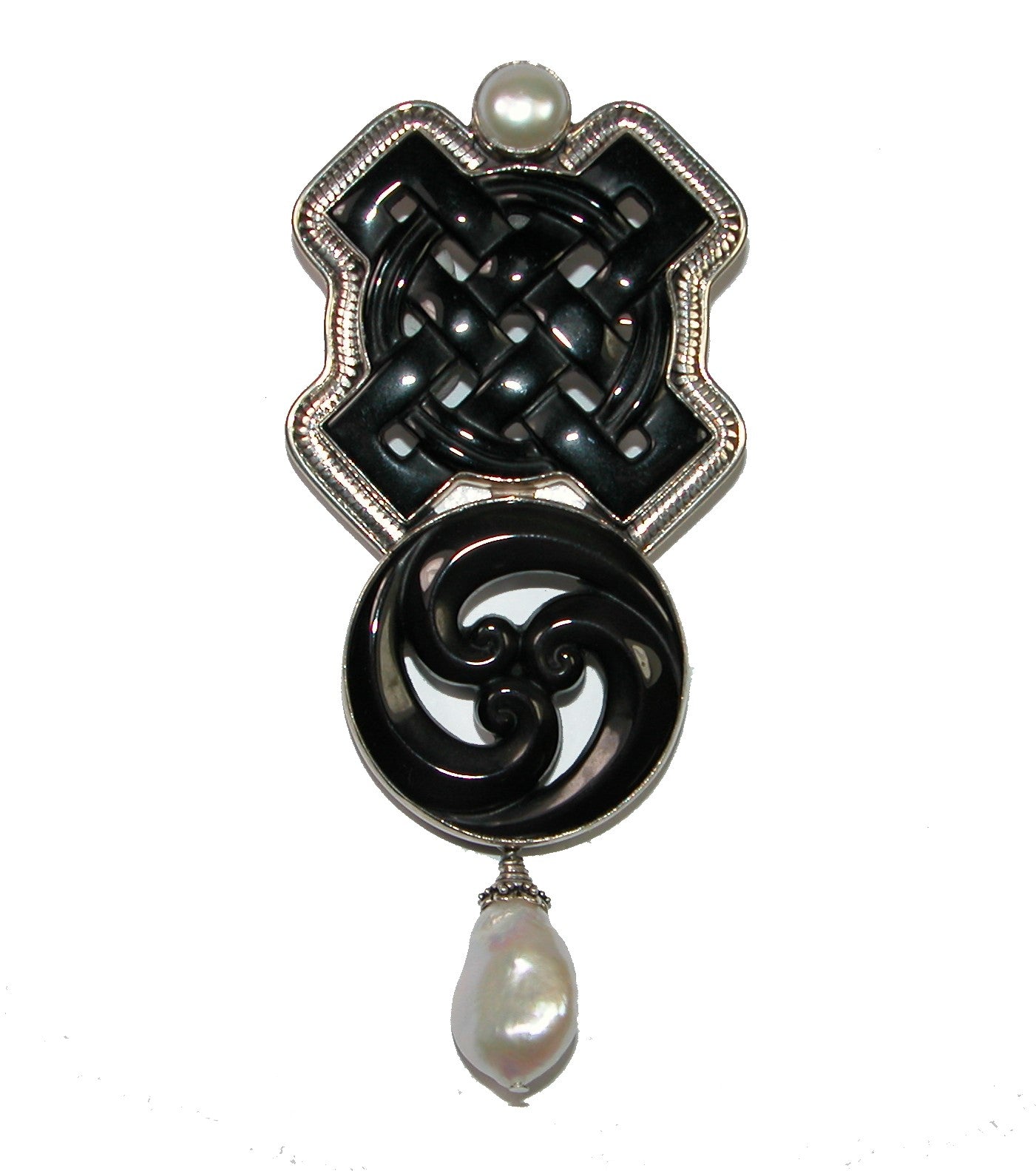 19680 Freshwater Pearl, Obsidian, Sterling Silver Pin and Pendant
