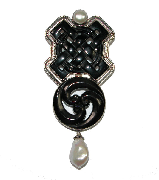 19680 Freshwater Pearl, Obsidian, Sterling Silver Pin and Pendant