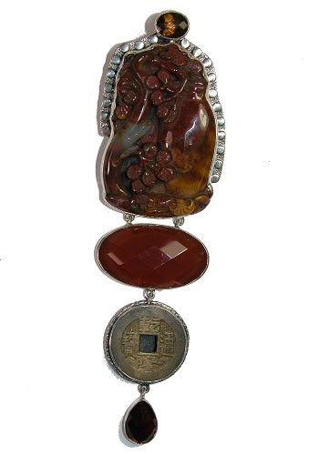 Carved Indian Agate Carnelian Tiger Eye Whisky Quartz Antique Chinese Coin Sterling Silver