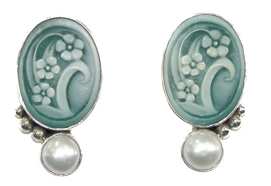 19744 Teal Floral Cameo and Freshwater Pearls with Sterling Silver Earrings