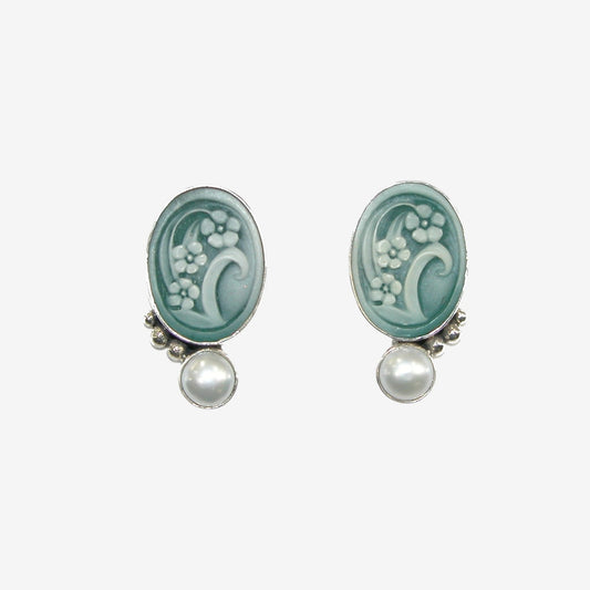 19744 Teal Floral Cameo, Freshwater Pearl Earrings