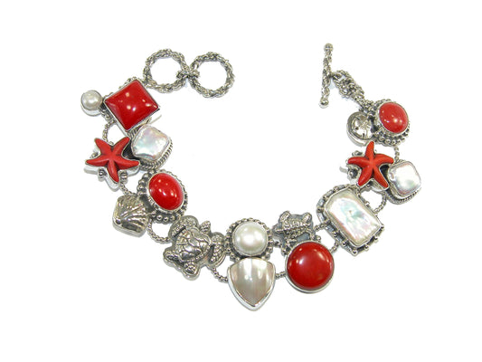 Hand Carved Howlite Sea Bamboo Mabe Pearl Freshwater Pearl Sea Life Sterling Silver Bracelet