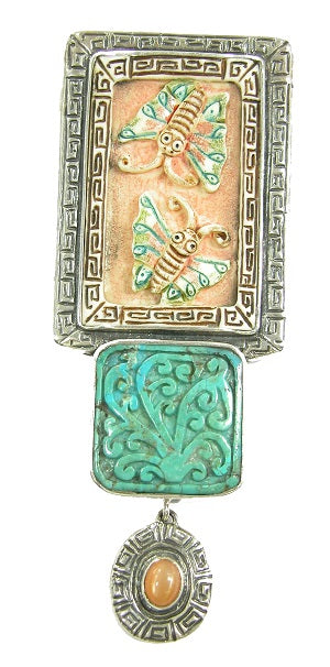 Hand Carved Butterflies Turquoise Peach Moonstone Sterling Silver Pin Pendant