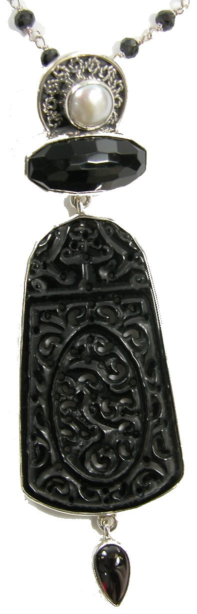 Carved Black Onyx Garnet Necklace