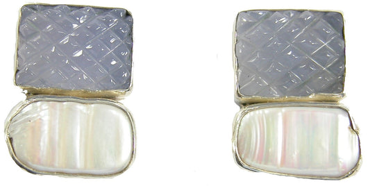 Carved Chalcedony Freshwater Pearl Sterling Silver Earring