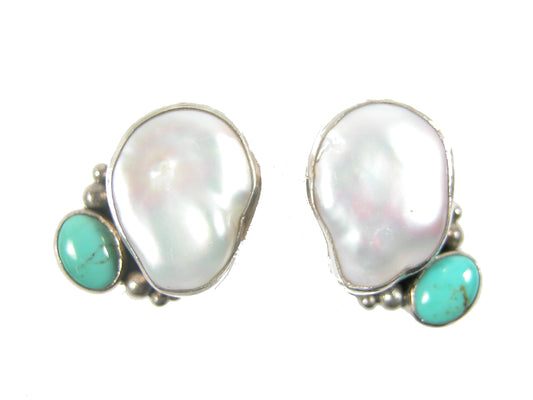 Freshwater Pearls with Turquoise Sterling Silver Earrings