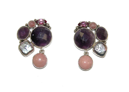 19903 Faceted Amethyst, Pearl, Tourmaline Sterling Silver Earrings