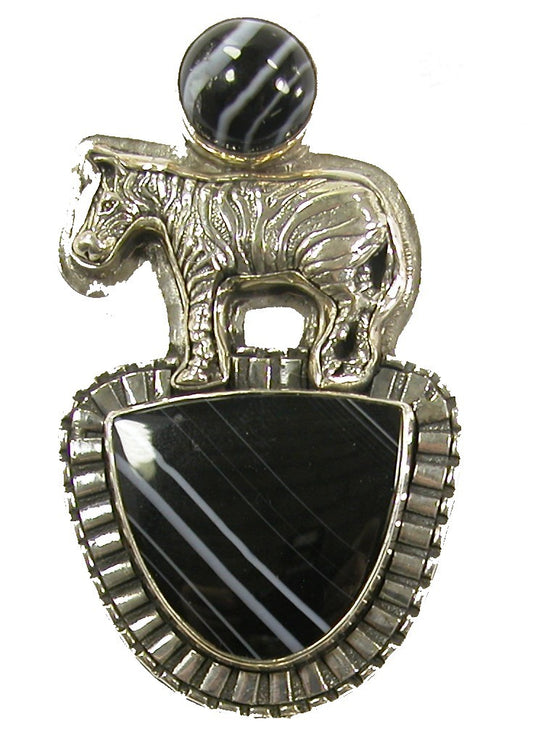 Banded Agate Zebra Sterling Silver Pin Pendant
