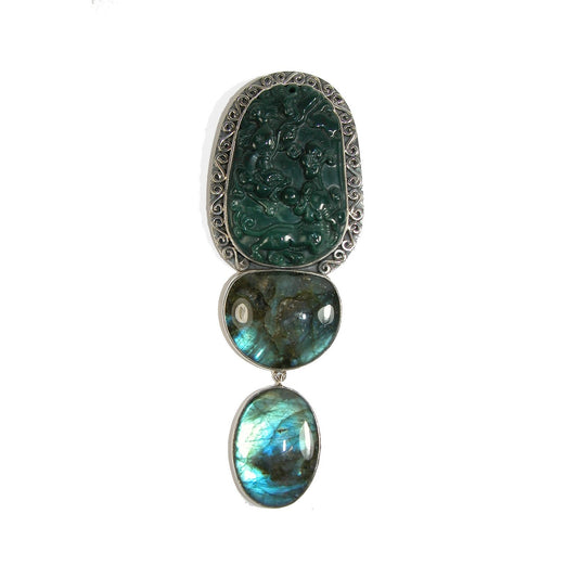 19926 Carved Jade Labradorite Sterling Silver Pin Pendant
