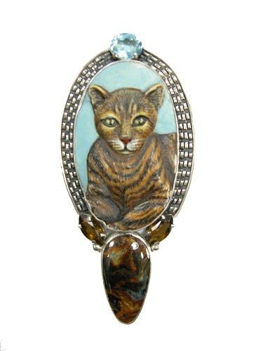 Hand Carved Hand Painted Scrimshaw Blue Topaz Whisky Quartz Pietersite Sterling Silver