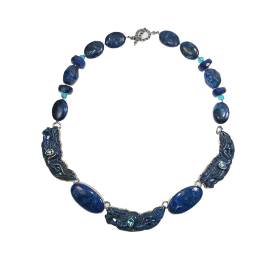 Carved Blue Lapis Beaded Sterling Silver Necklace