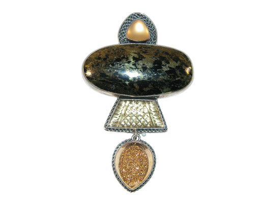 19999A Four Piece Gemstone with Apache Gold Sterling Silver Pin and Pendant