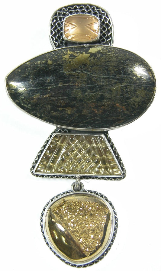 19999 Four Piece Gemstone with Apache Gold Sterling Silver Pin and Pendant