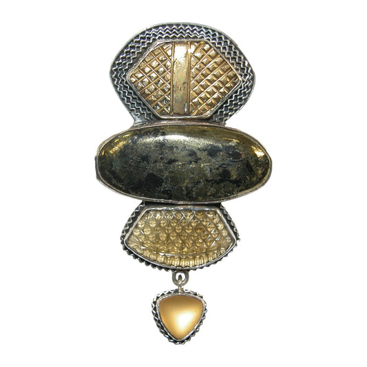 Quartz, Apache Gold, Gold Foil Under Quartz Sterling Silver Pin and Pendant