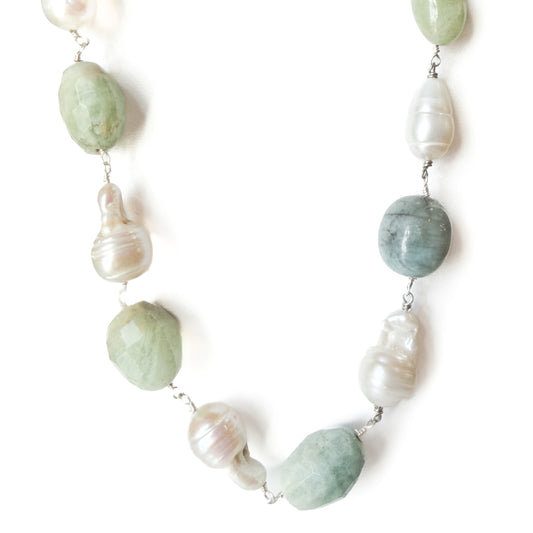 N2491 Chrysoprase, Freshwater Pearl, Sterling Silver Necklace