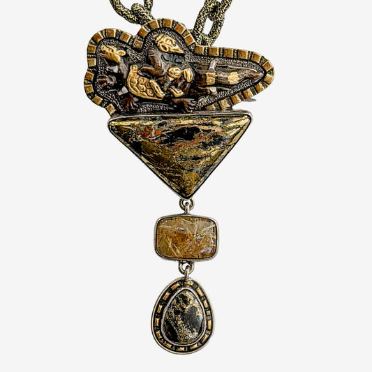 20007N Antique Japanese Menuki, Rutilated Quartz, Apache Gold Necklace