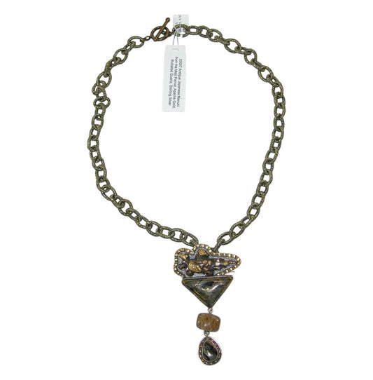 20007 Antique Japanese Menuki, Rutilated Quartz Apache Gold Sterling Silver Necklace