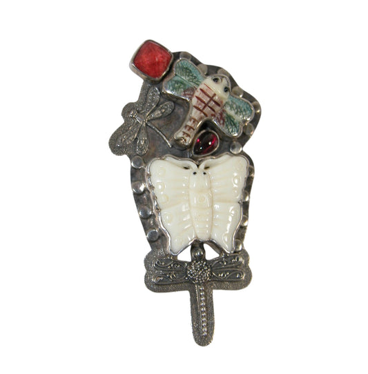 2001 Hand Carved Bone, Garnet, Quartz, Sterling Silver Pin Pendant